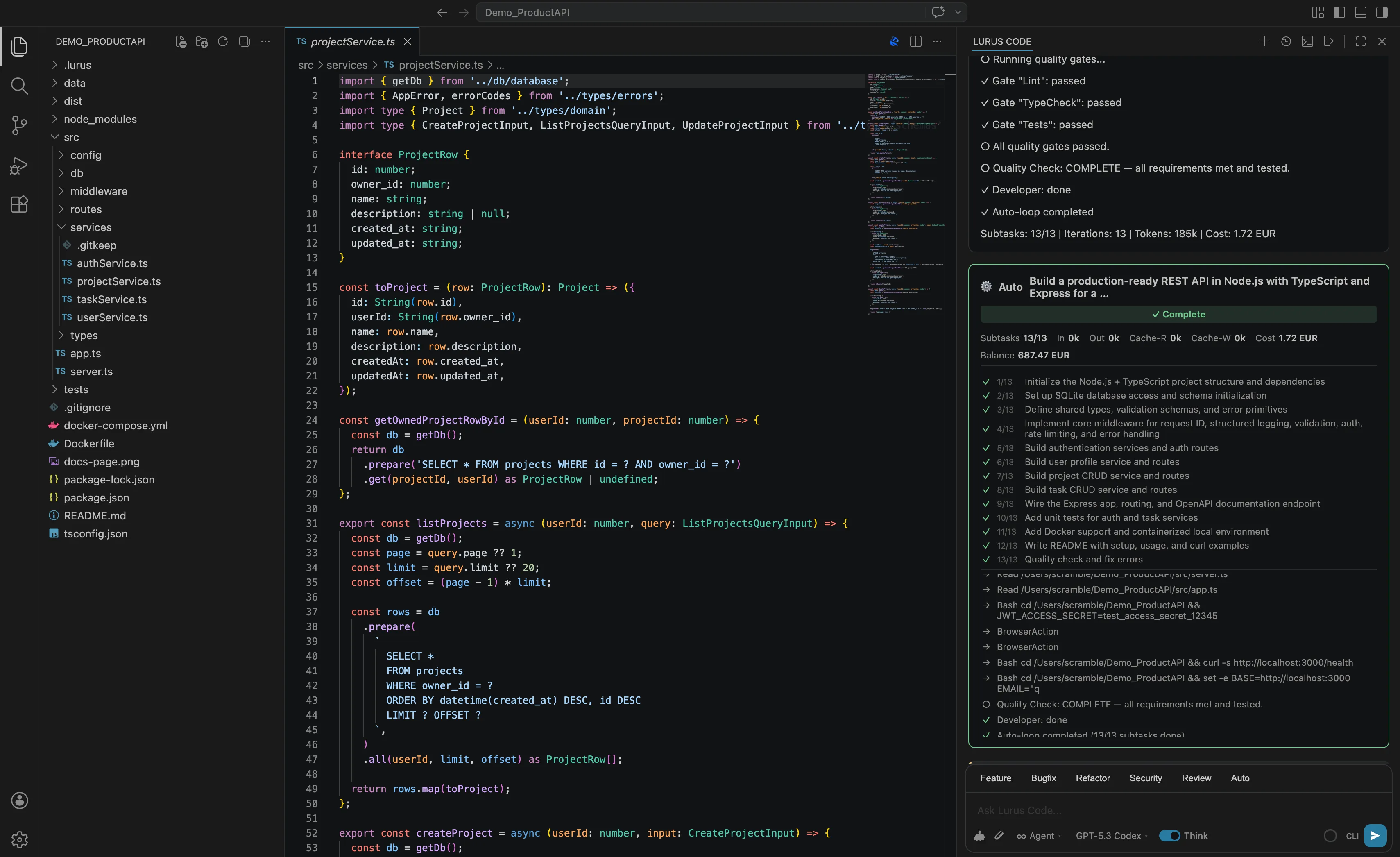 Production-ready REST API with endpoint documentation generated by Lurus Code AI