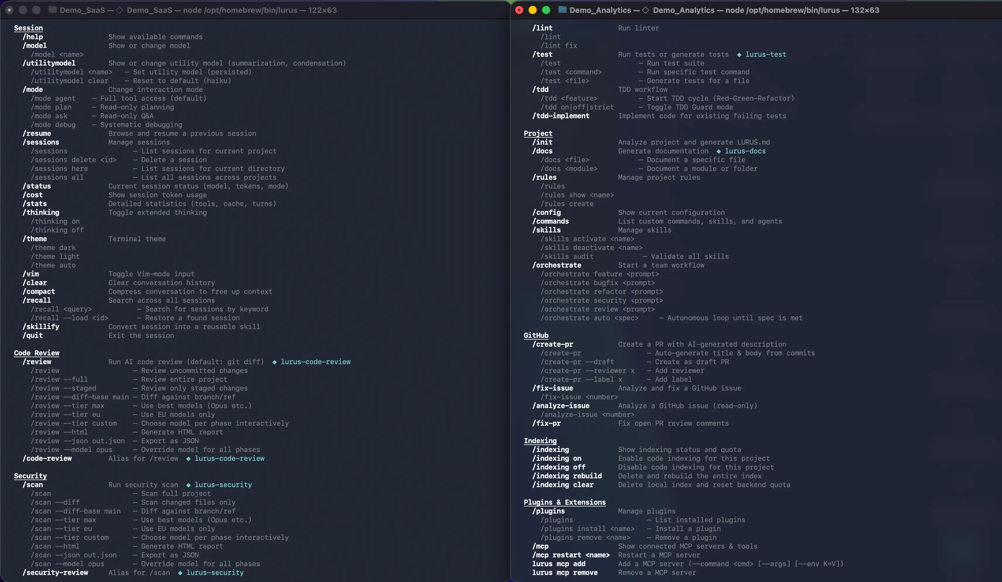 Lurus Code CLI terminal showing batch processing and CI/CD integration commands