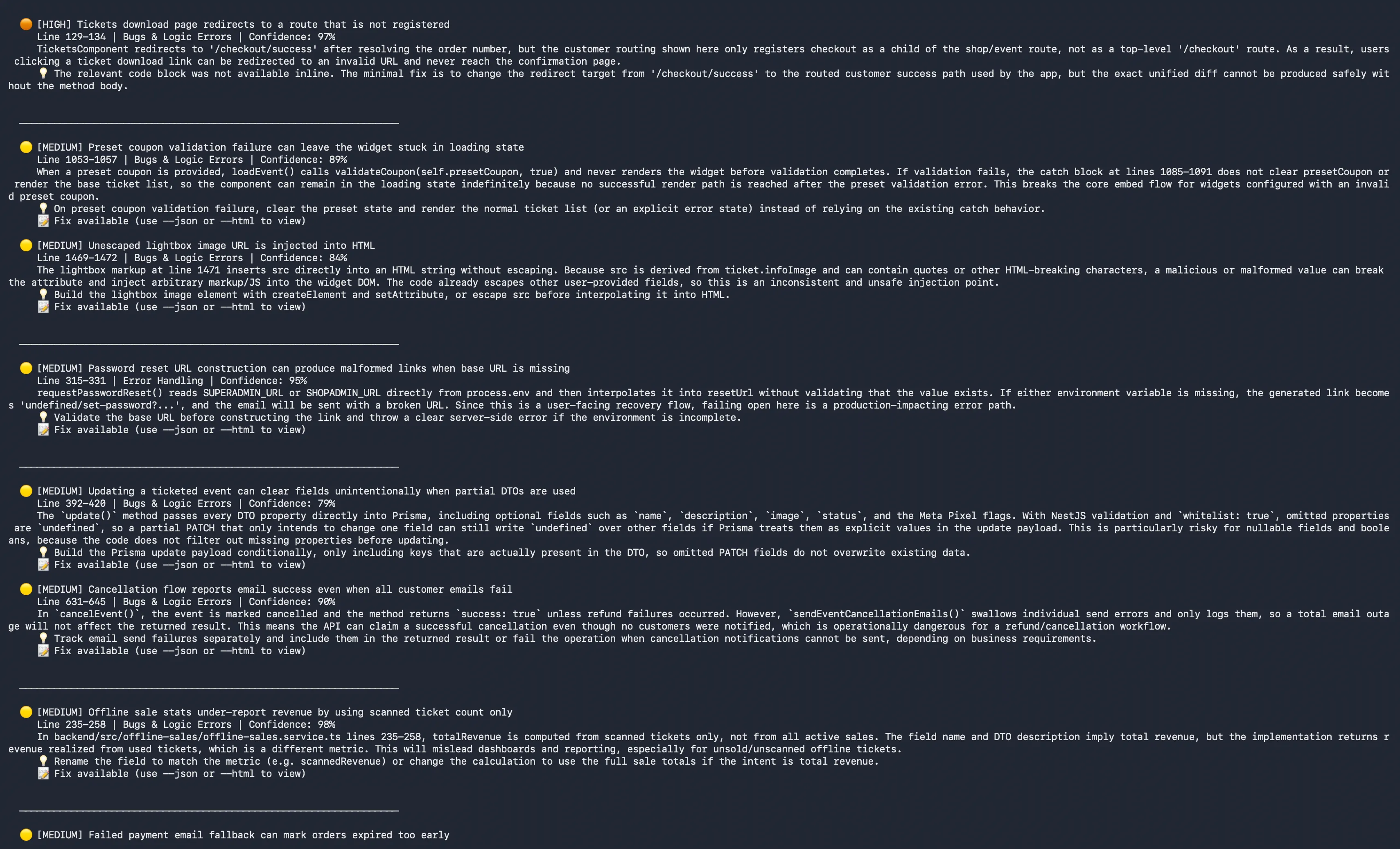Lurus Code 3-phase AI code review results with severity ratings and fix recommendations