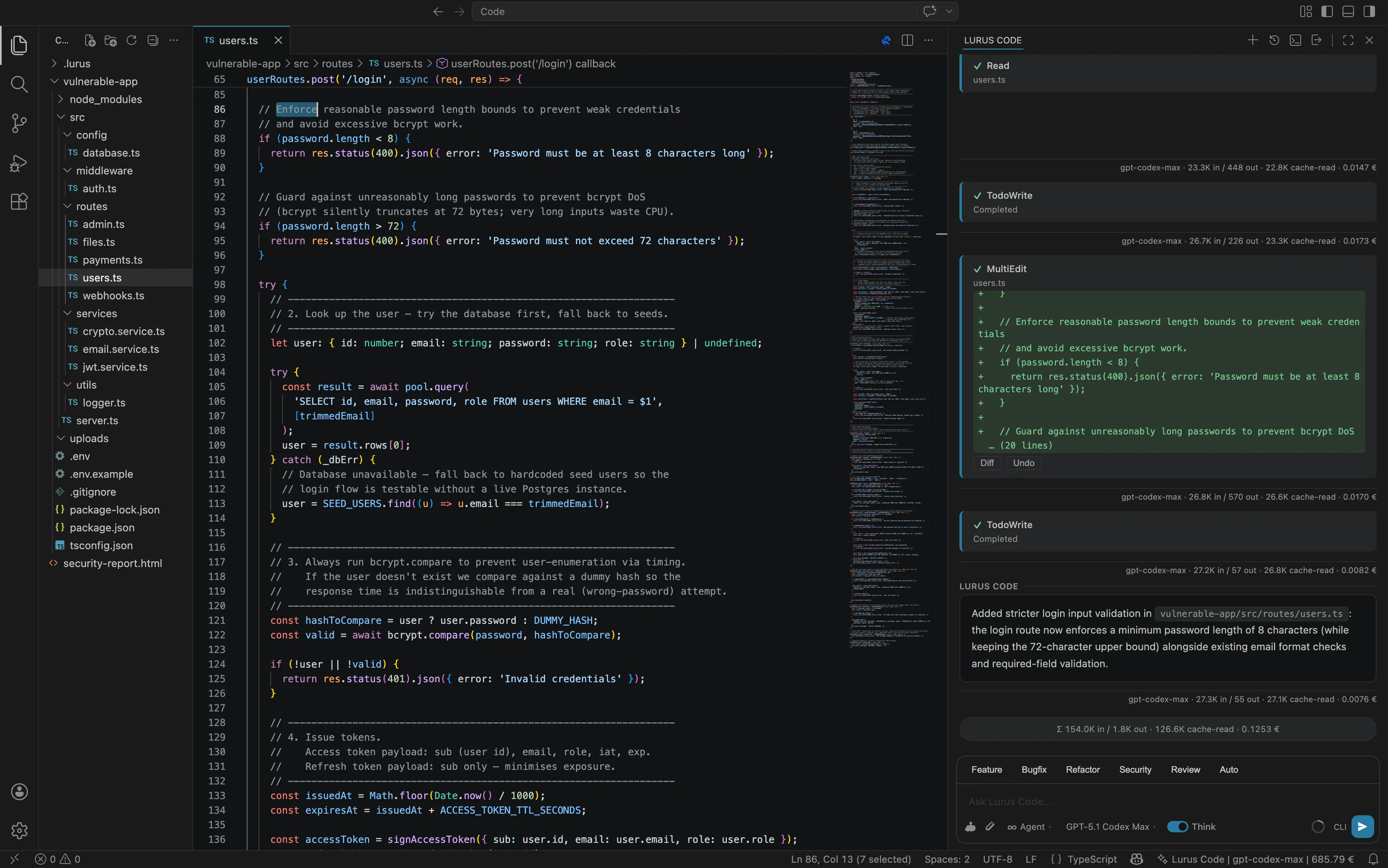 Lurus Code developer experience: AI chat, inline code editing, and diff review in VS Code