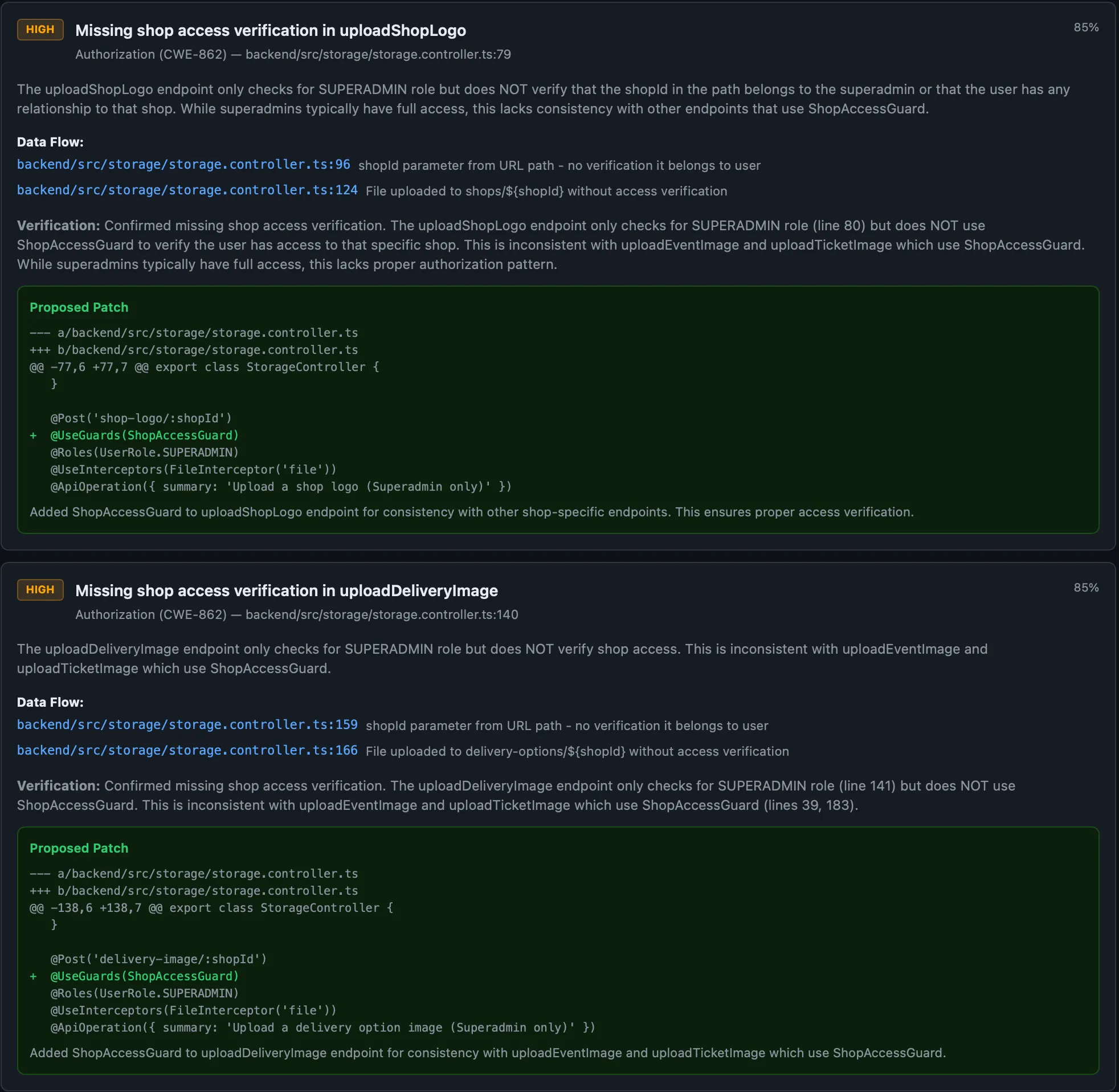 Lurus Code security findings dashboard with OWASP vulnerability detection and auto-patches