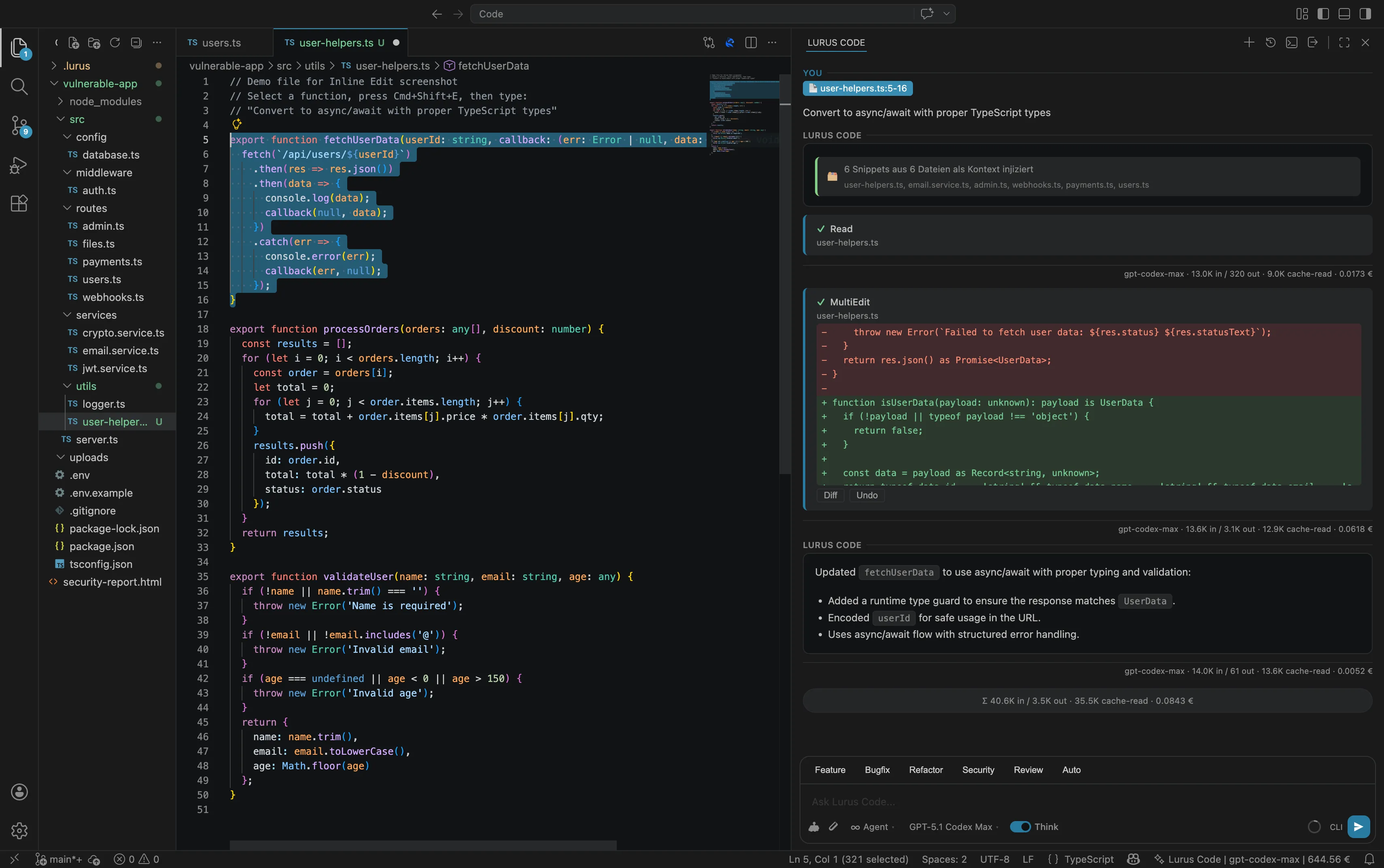Lurus Code inline edit feature applying AI-generated code changes directly in VS Code editor