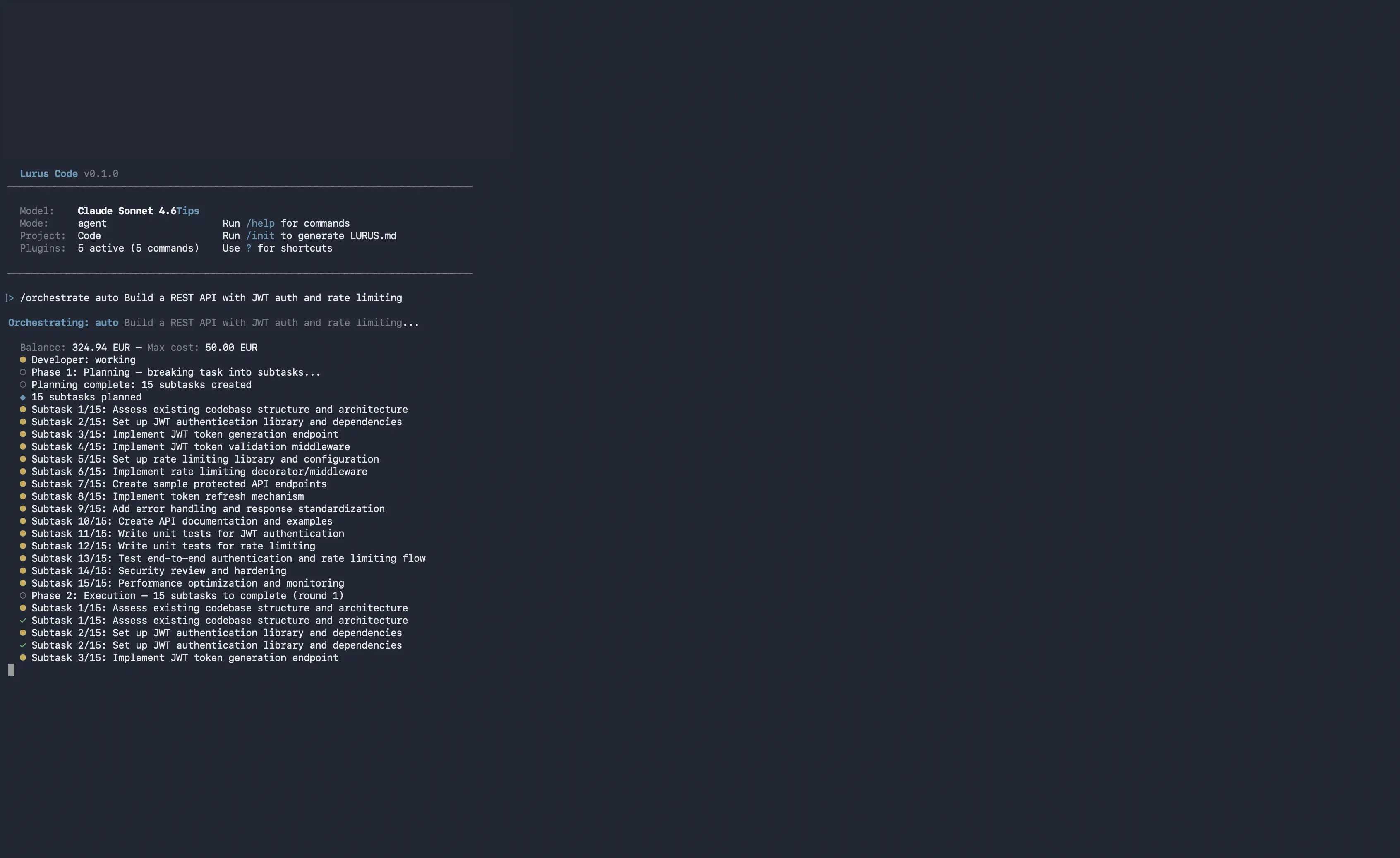 Lurus Code orchestration mode running parallel AI agents for autonomous coding tasks