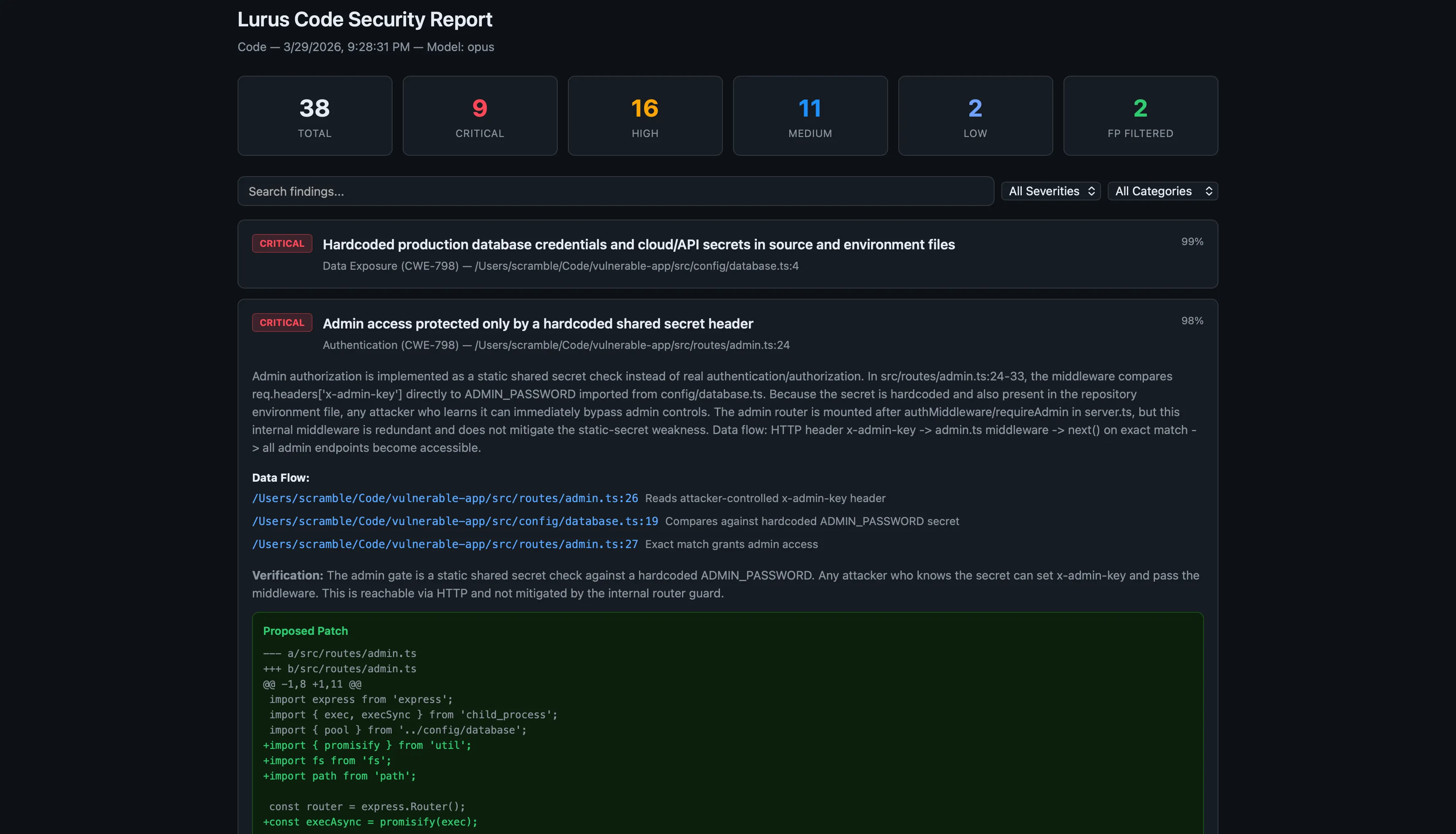 Lurus Code AI security scanner showing OWASP Top 10 vulnerability findings with auto-fix suggestions