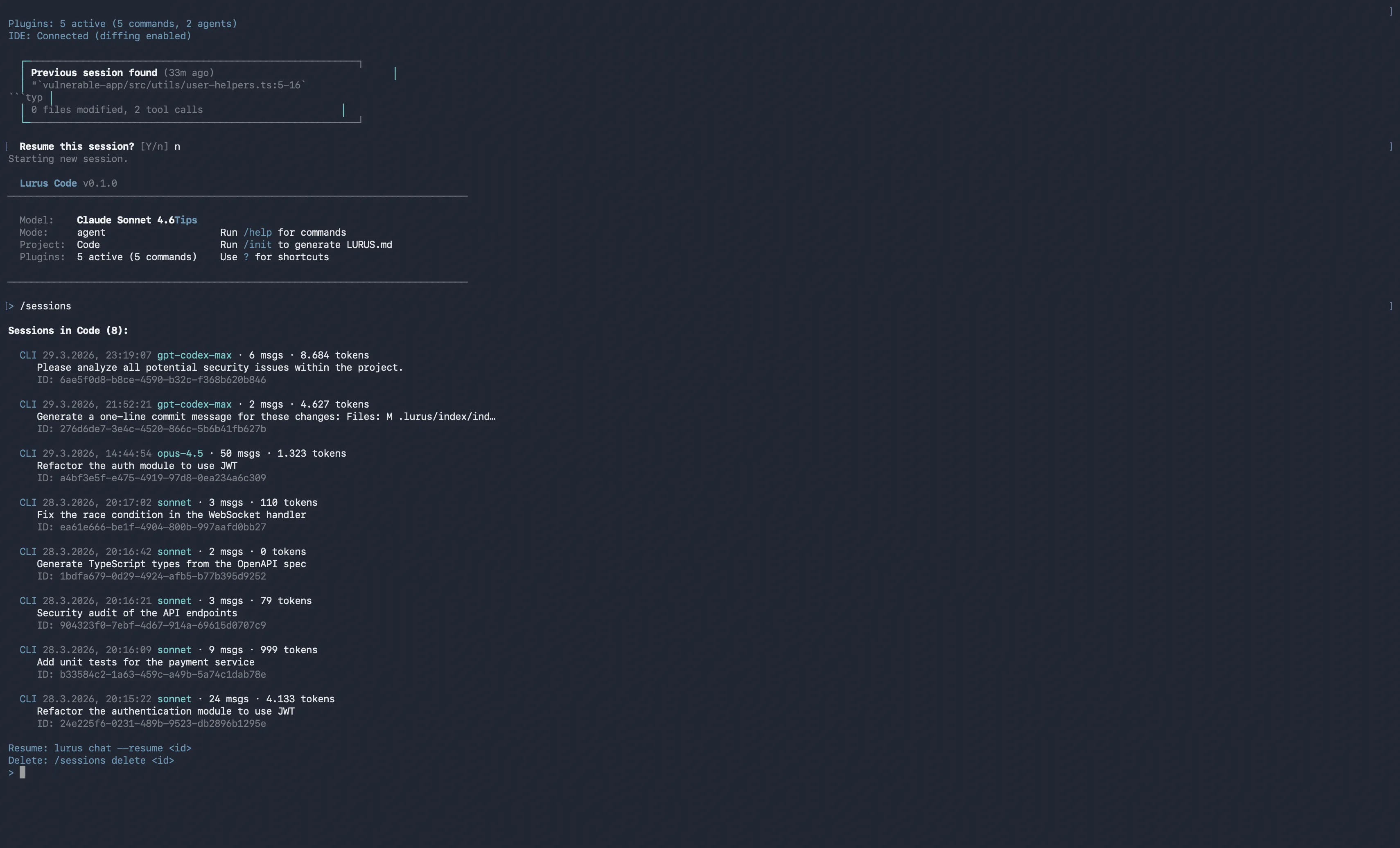 Lurus Code session management with persistent memory and conversation history in VS Code