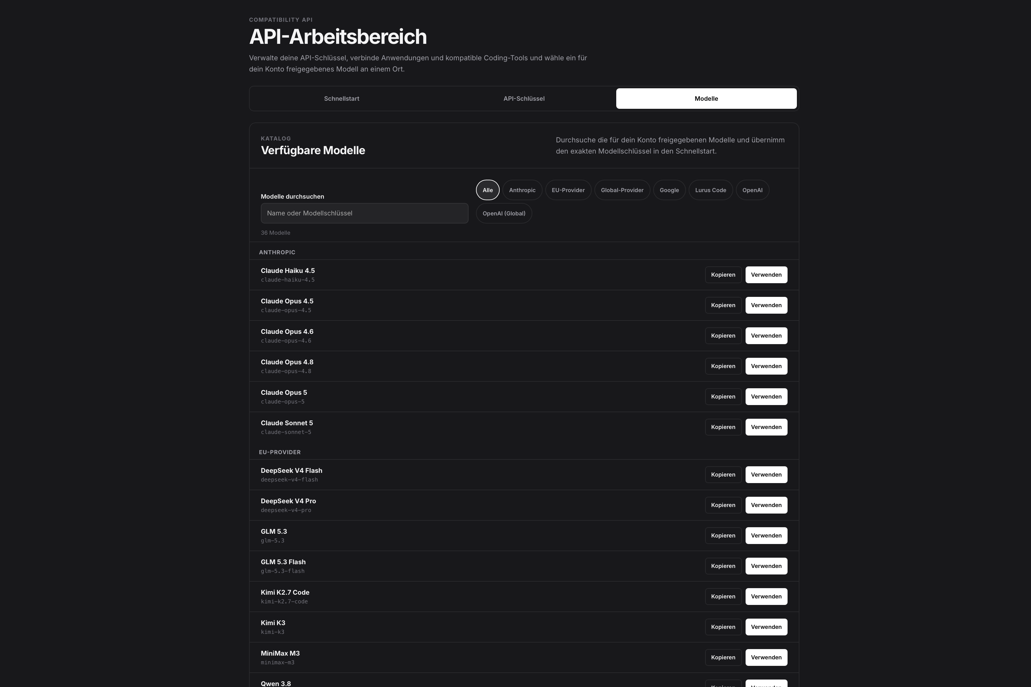 Lurus Code API access with protocol, language, streaming, and model selection plus code example
